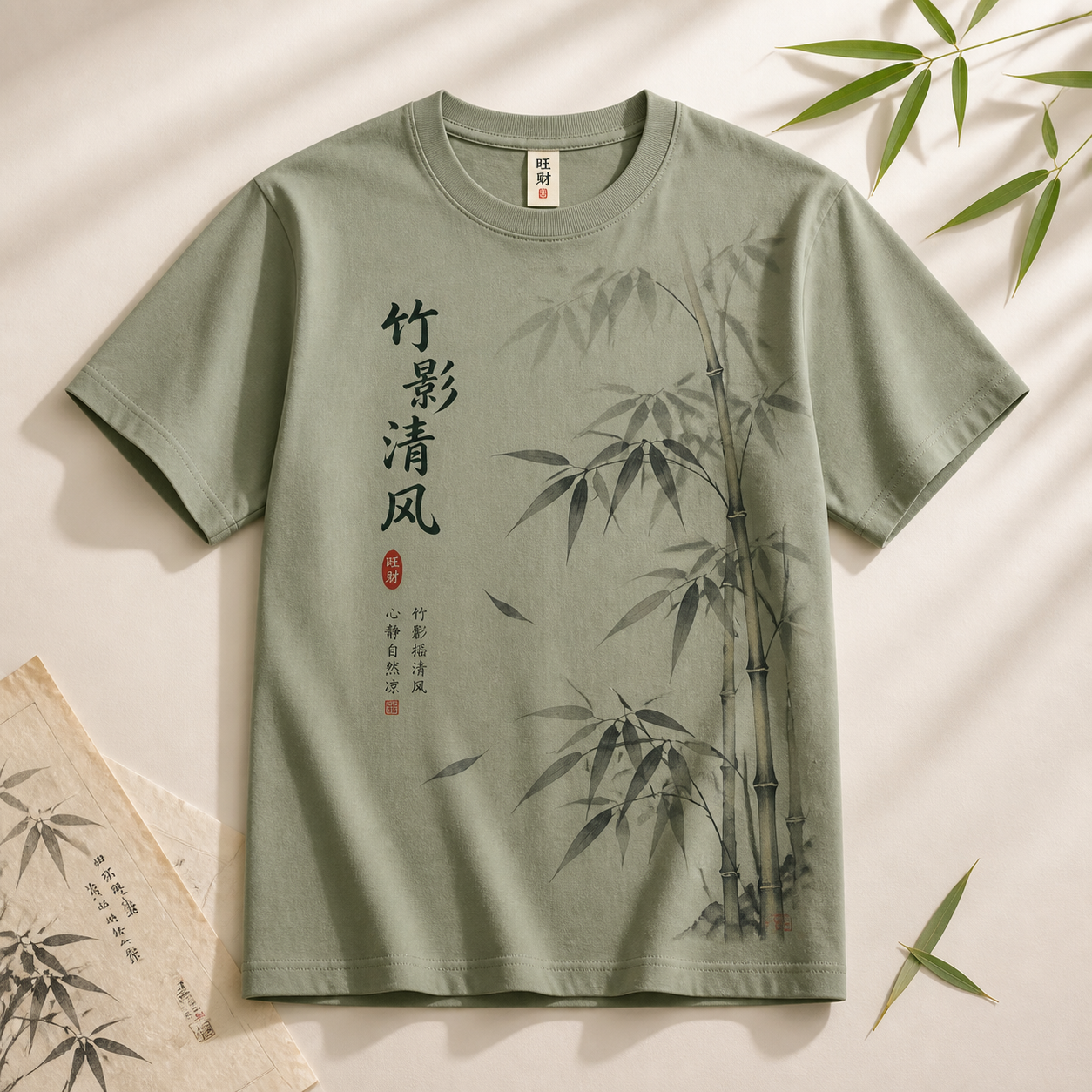 旺财 竹影清风 文化T恤 竹青款