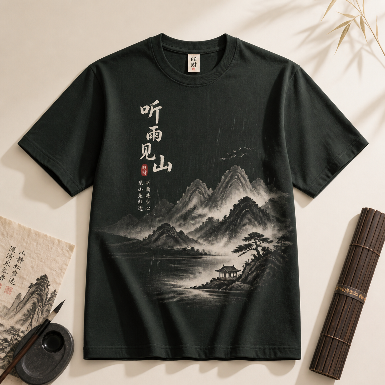 旺财 听雨见山 文化T恤 松墨款
