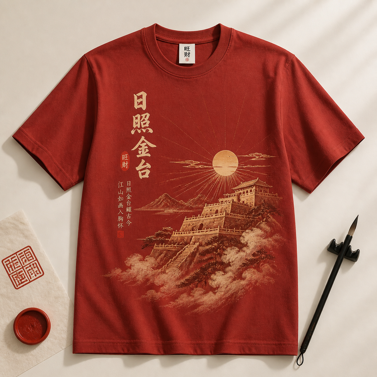 旺财 日照金台 文化T恤 朱砂款